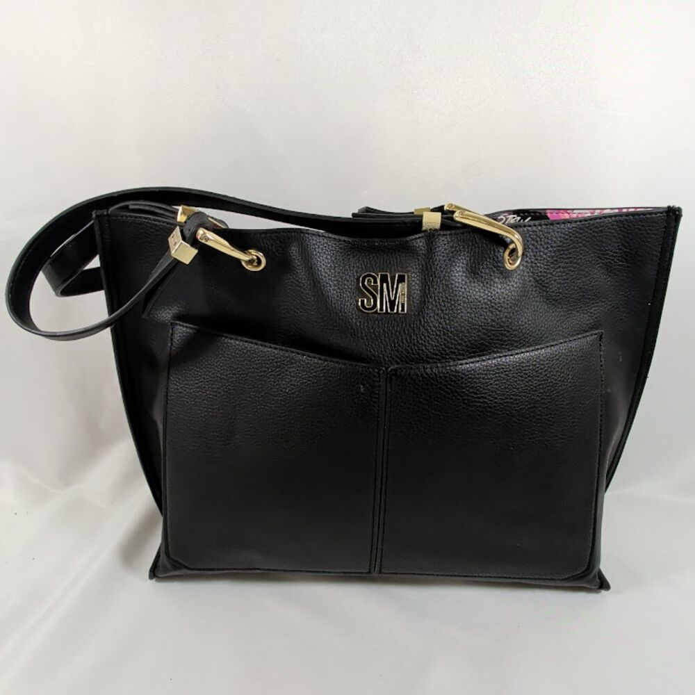 Steve Madden Black Pebbled Faux Leather Tote Shoulder Bag Floral Lining Gold Ton